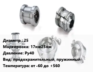 Клапан нержавеющий 25 17нж25нж Ру40 предохранительный, пружинный от -60 до +560